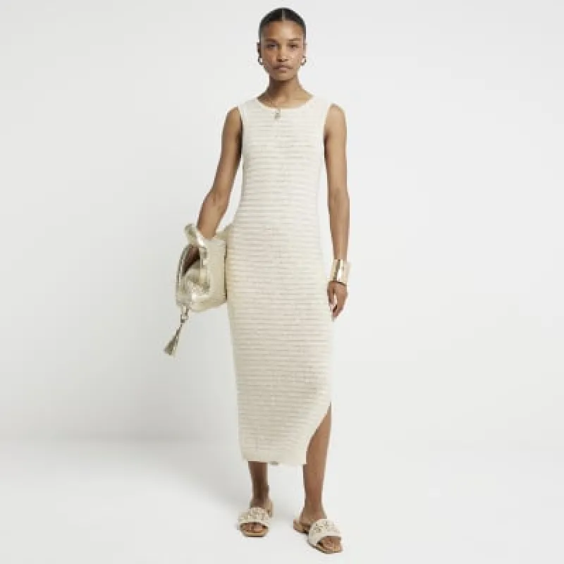 Gold crochet metallic bodycon midi dress sold by River Island