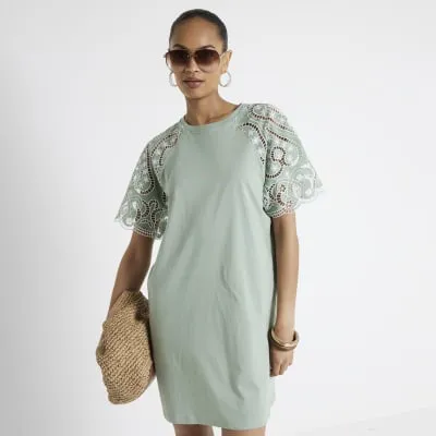 Khaki broderie sleeve mini t-shirt dress sold by River Island