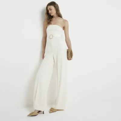Cream Belted Bandeau Jumpsuit sold by River Island