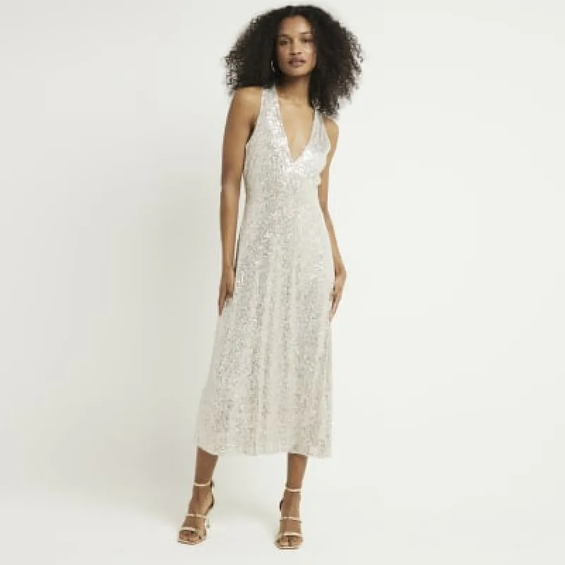 Silver sequin slip midi dress sold by River Island