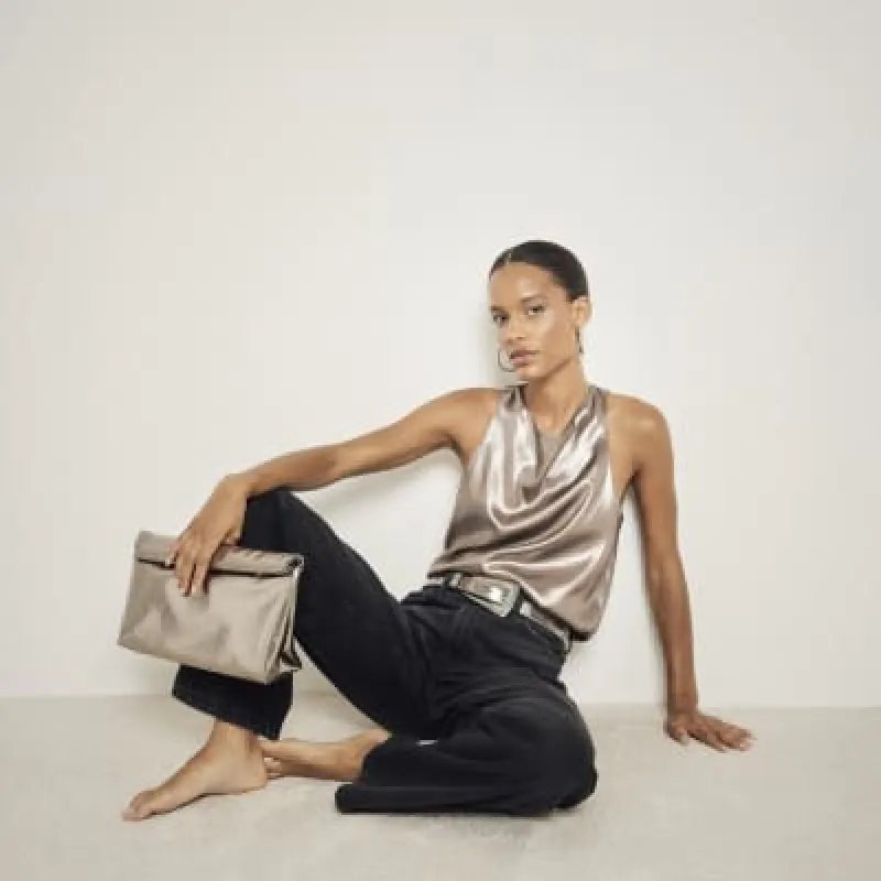 Brown foil cowl halter neck top sold by River Island