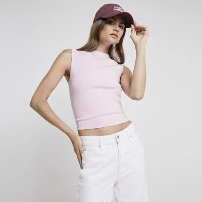 Pink Ribbed High Neck Tank Top sold by River Island
