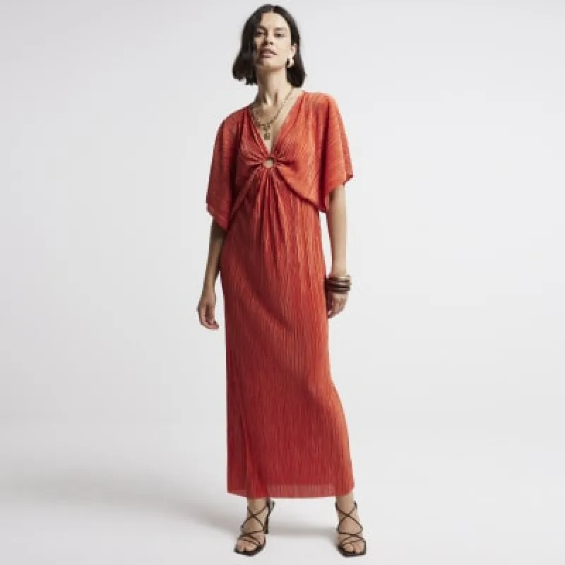 Orange plisse batwing sleeve swing maxi dress sold by River Island