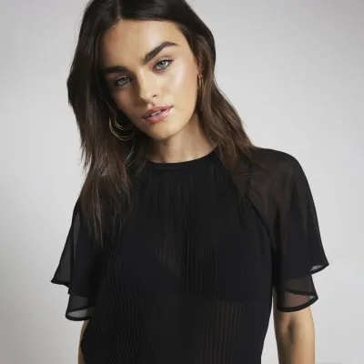 Black plisse flute sleeve t-shirt sold by River Island
