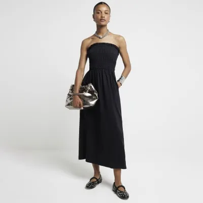 Black Shirred Bandeau Midi Dress sold by River Island