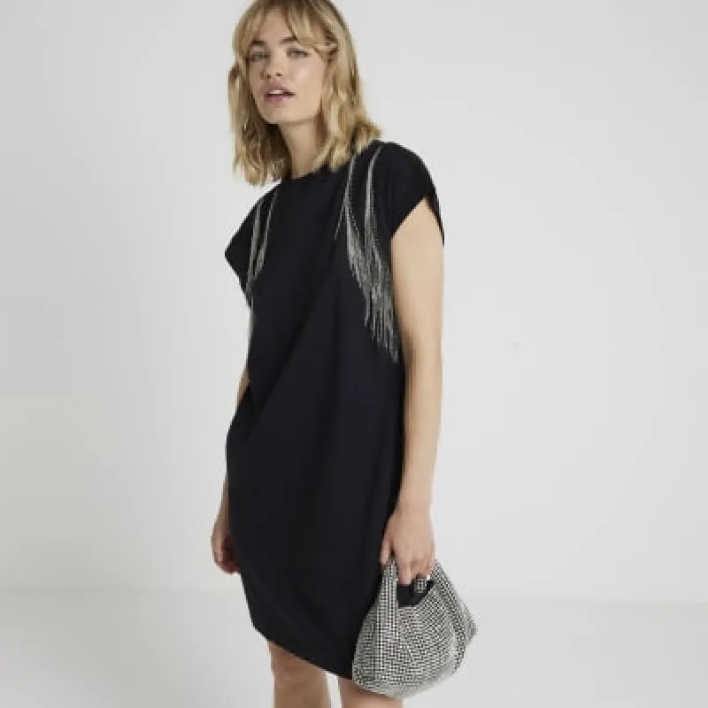 Black fringe detail t-shirt mini dress sold by River Island