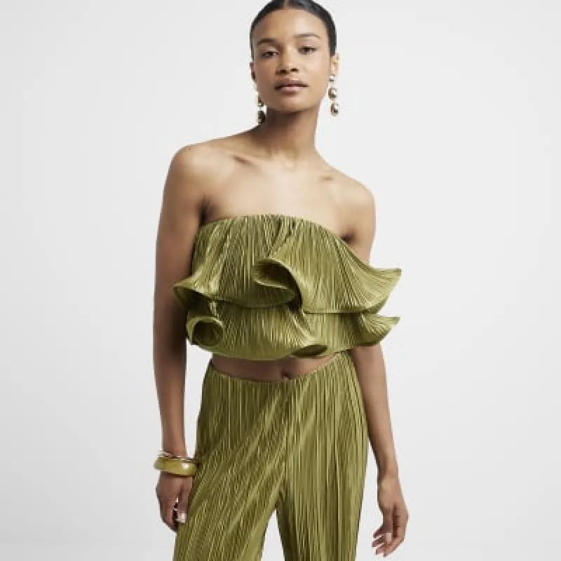 Khaki plisse frill bandeau top sold by River Island