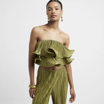 Khaki plisse frill bandeau top sold by River Island