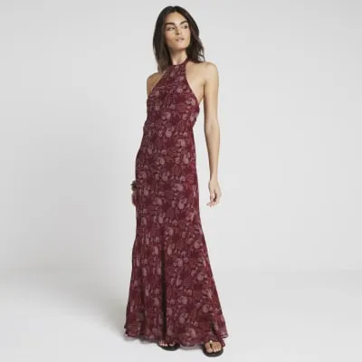 Red floral halter neck bodycon maxi dress sold by River Island