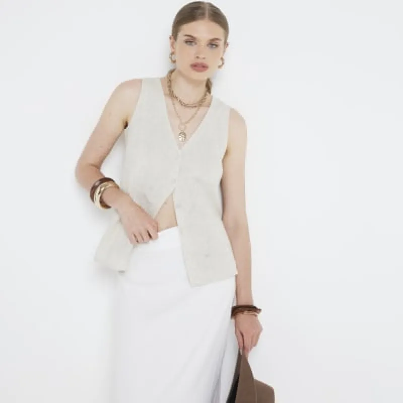 Beige linen blend embroidered waistcoat sold by River Island