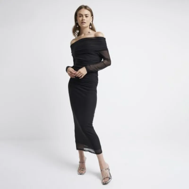 Black bardot mesh midi dress sold by River Island