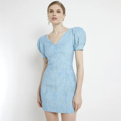 Blue abstract puff sleeve bodycon mini dress sold by River Island