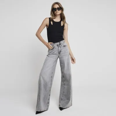 Grey Mid Rise elastic back palazzo Jeans sold by River Island