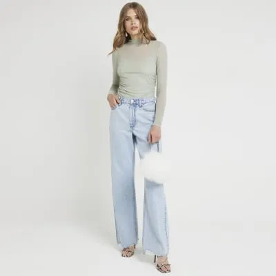 Green Mesh Ruched Long Sleeve Top sold by River Island