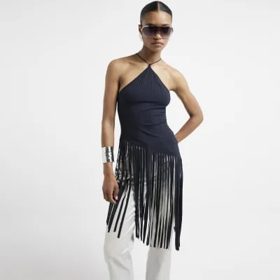 Black fringe hem halter neck top sold by River Island
