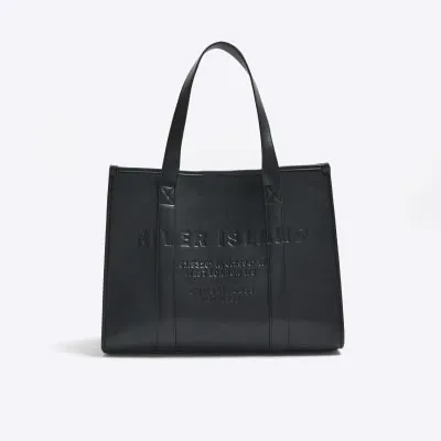 Black faux leather embossed shopper bag sold by River Island