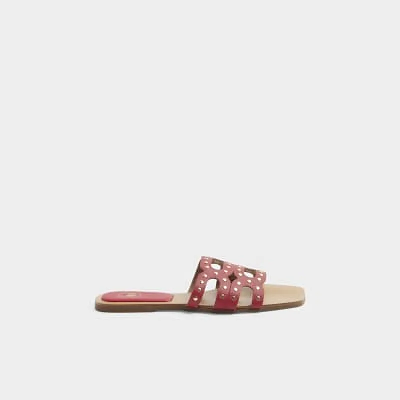 Red leather studded mule flat sandals sold by River Island