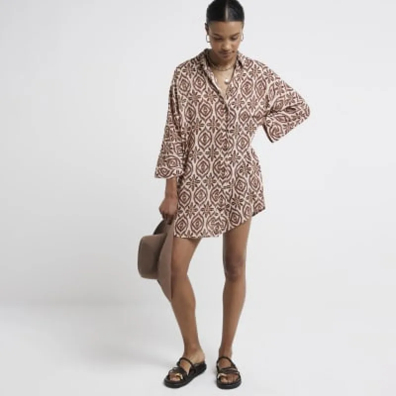 Brown geometric metallic longline shirt sold by River Island