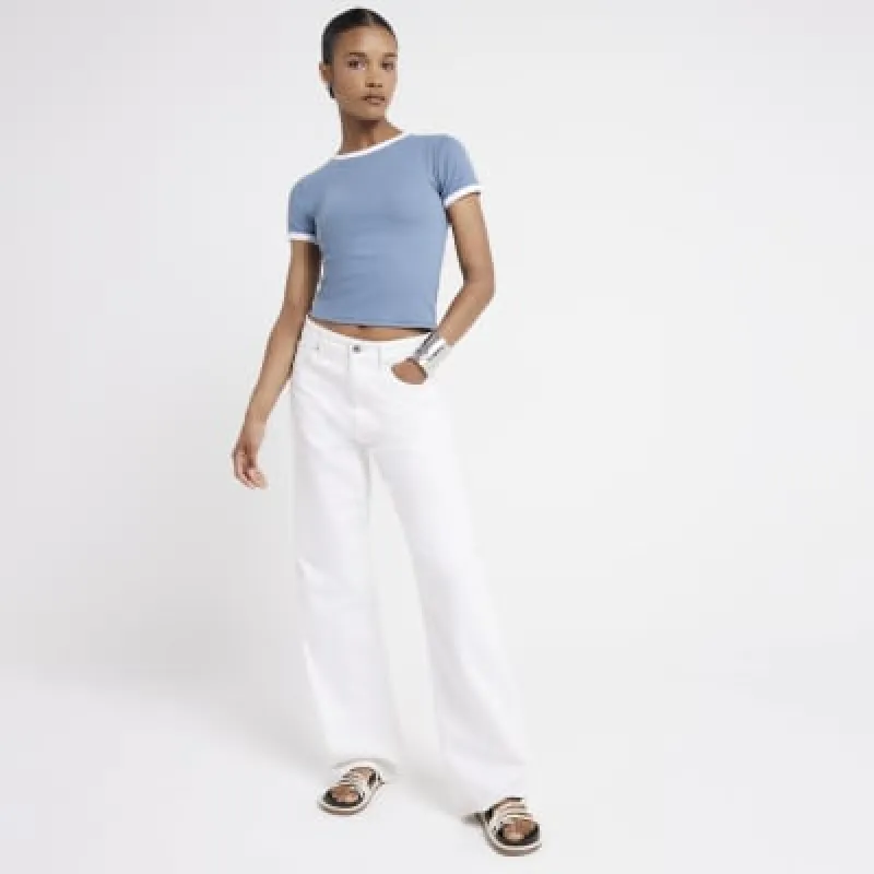 Blue ribbed taped t-shirt made by River Island