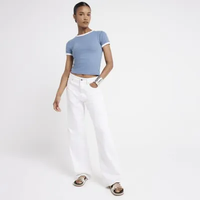 Blue ribbed taped t-shirt sold by River Island
