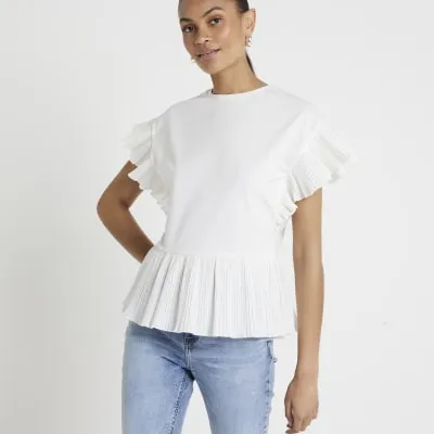 Cream Plisse Trim Frill T-Shirt sold by River Island