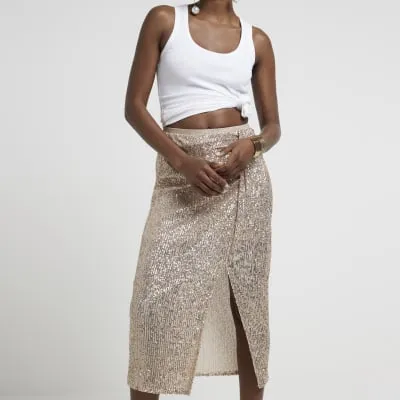 Rose gold sequin drape midi skirt sold by River Island
