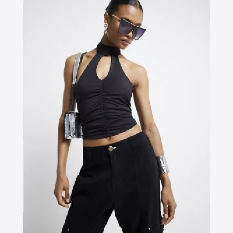 Black ruched halter neck top sold by River Island