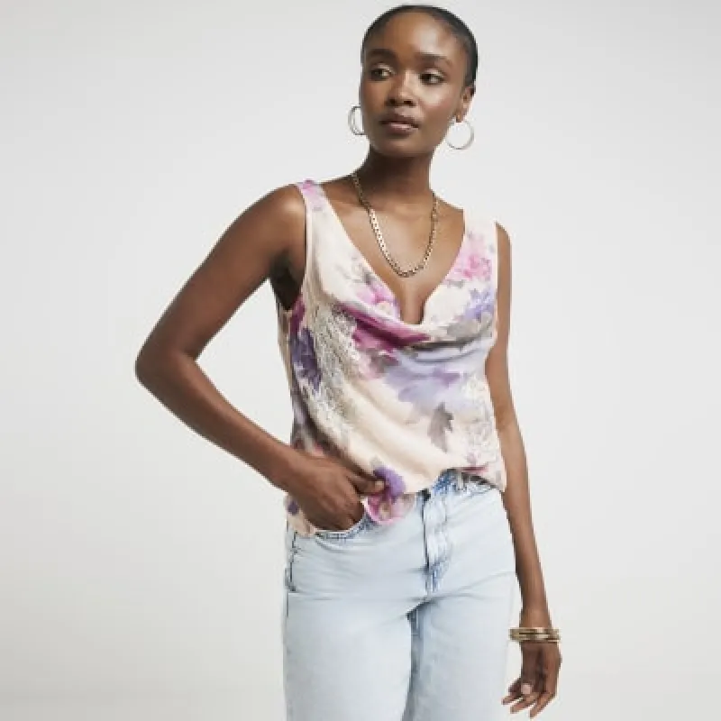 Pink lace detailed cowl neck top sold by River Island