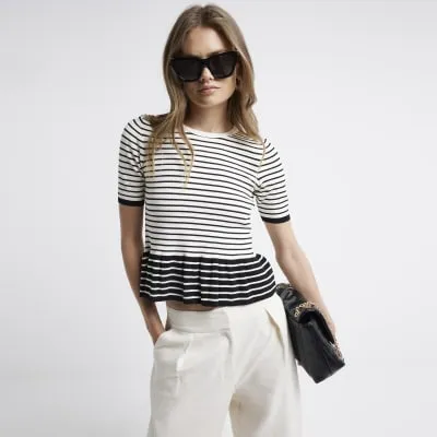 Black Knit Stripe Peplum T-Shirt sold by River Island