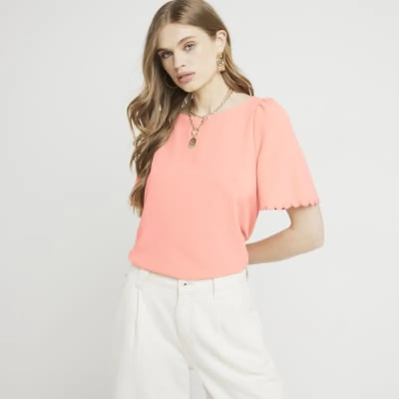 Coral Scallop Sleeve T-shirt sold by River Island