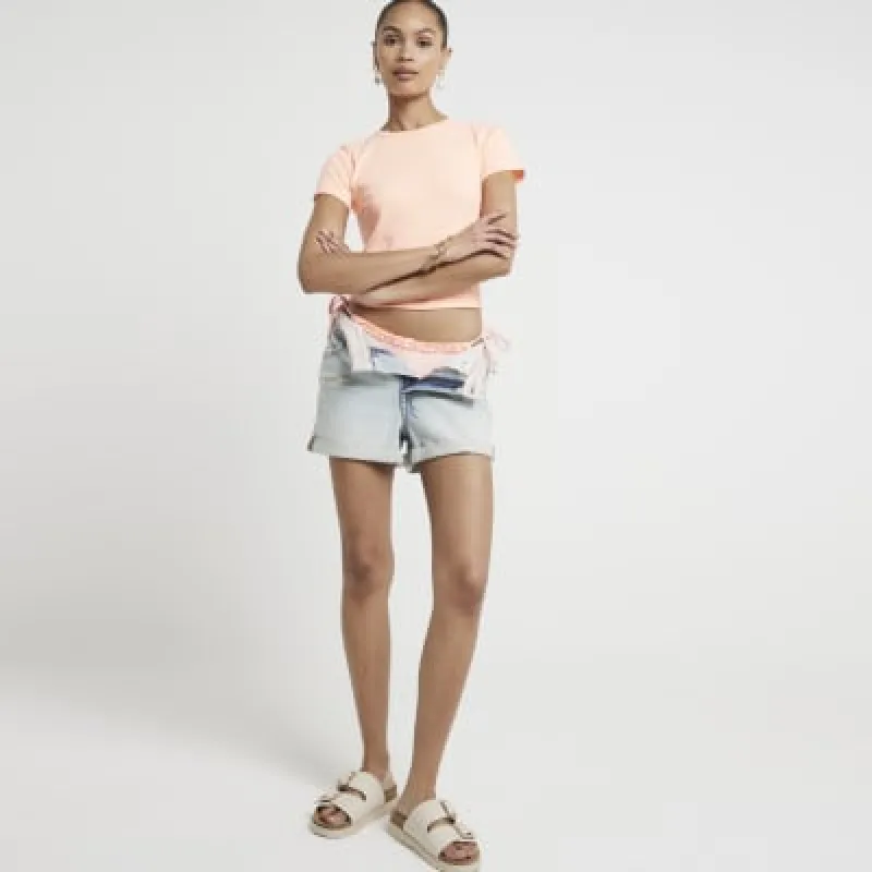 Pink Ribbed Cropped T-Shirt sold by River Island