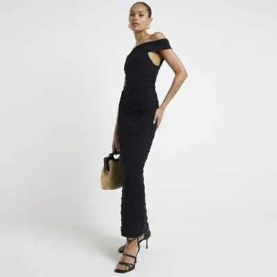 Black textured bardot bodycon maxi dress sold by River Island