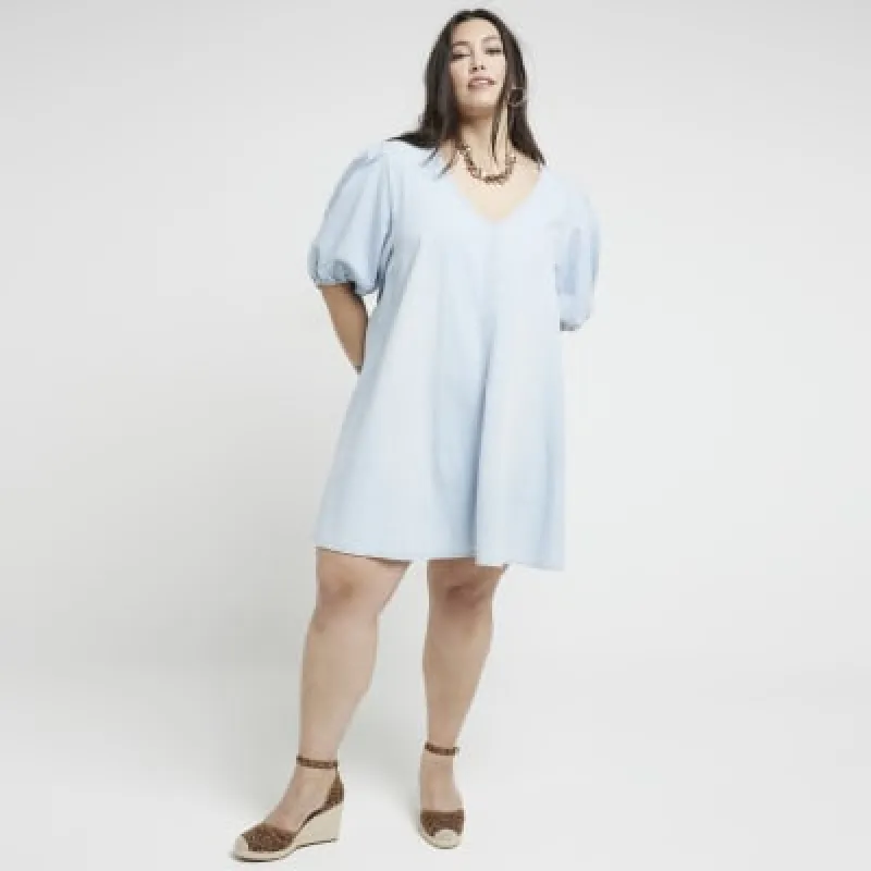 Plus blue denim puff sleeve shift mini dress sold by River Island