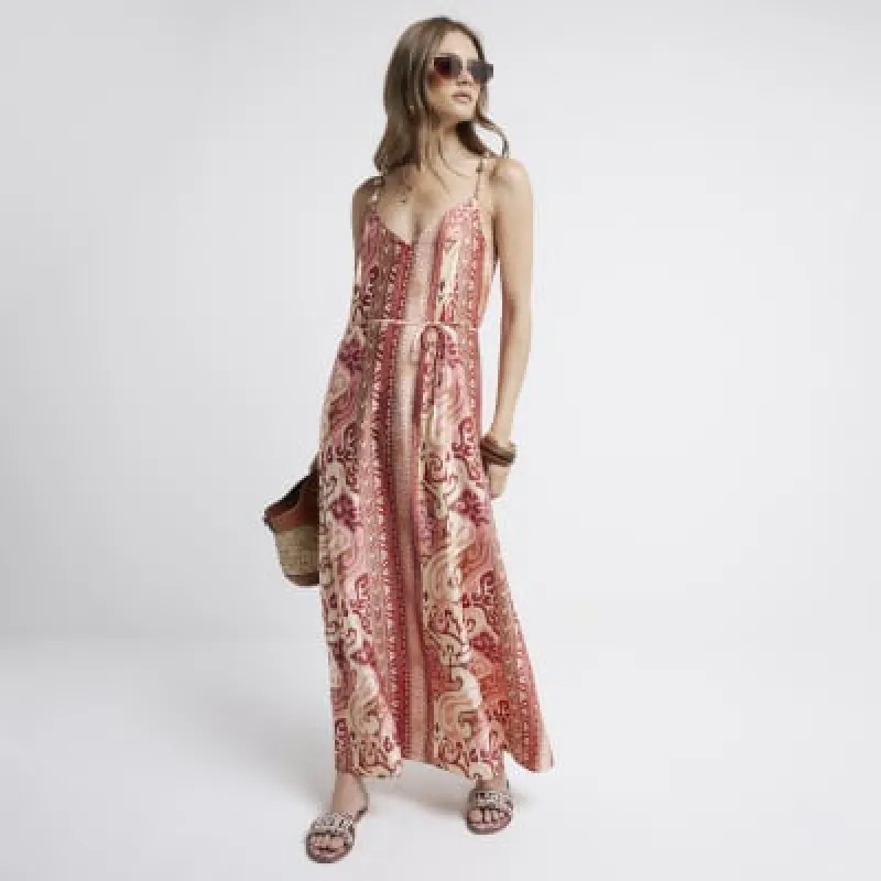 Rust abstract print belted swing maxi dress sold by River Island