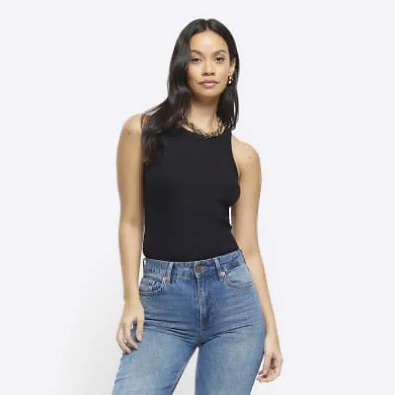 Black ribbed racer vest top sold by River Island