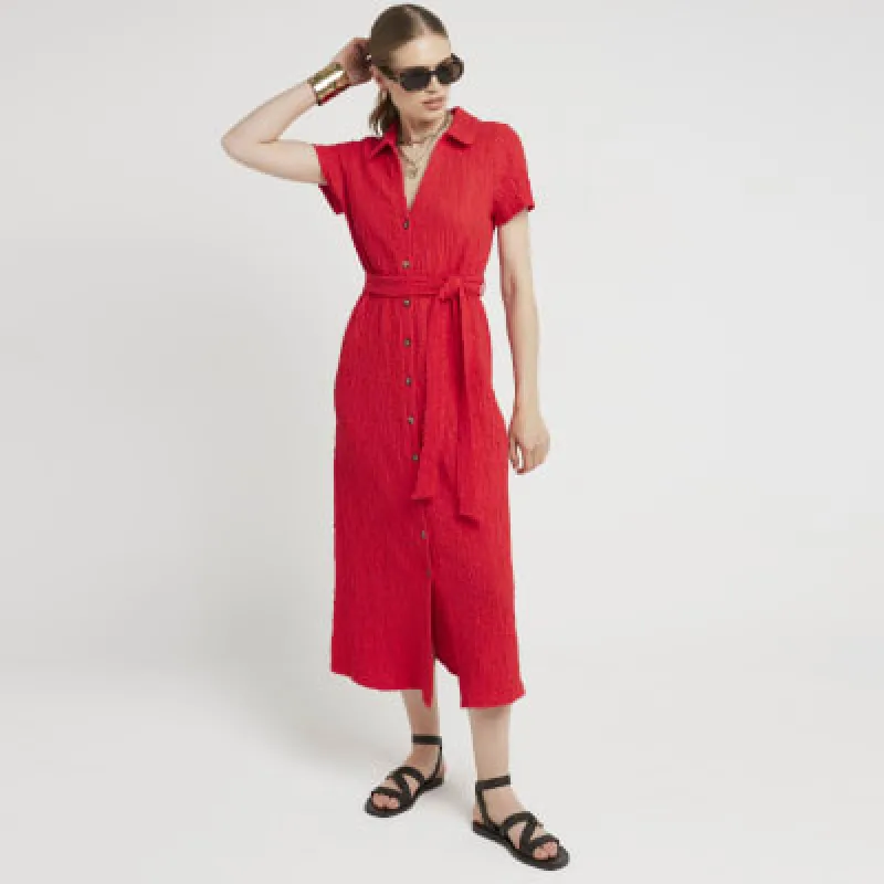 Red textured belted midi shirt dress sold by River Island