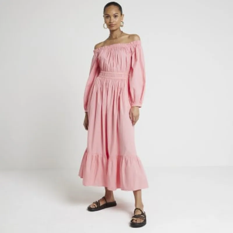 Pink ruched bardot midi dress sold by River Island