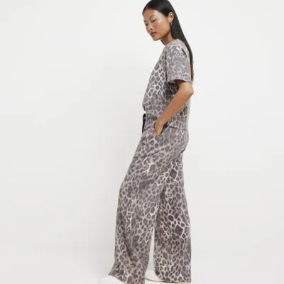 Petite Brown Leopard Print Wide Leg Joggers sold by River Island