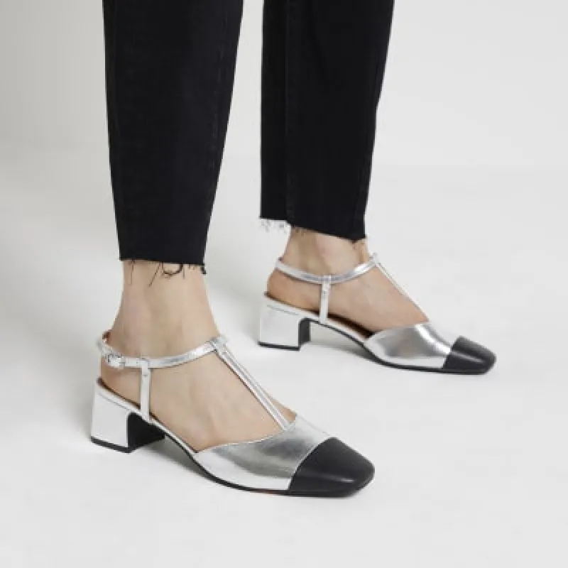 Silver block heeled court shoes sold by River Island