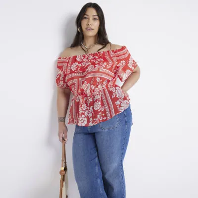Plus Red Floral Frill Bardot Top sold by River Island