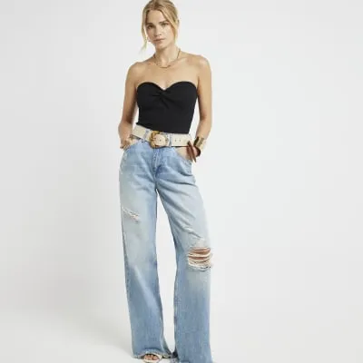 Black front knot bandeau top sold by River Island