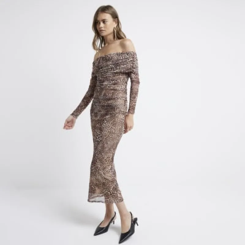 Brown leopard print mesh bardot midi dress sold by River Island