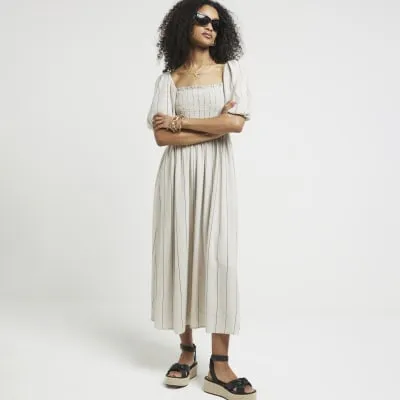 Stone stripe puff sleeve smock midi dress sold by River Island