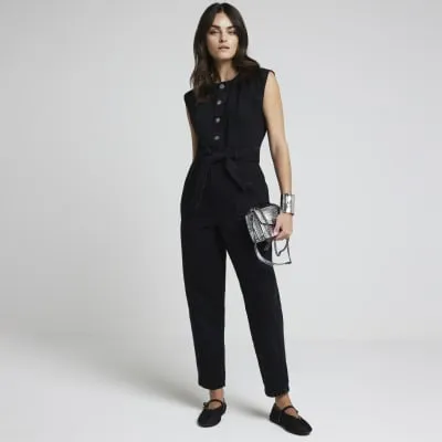 Black denim belted button up jumpsuit sold by River Island