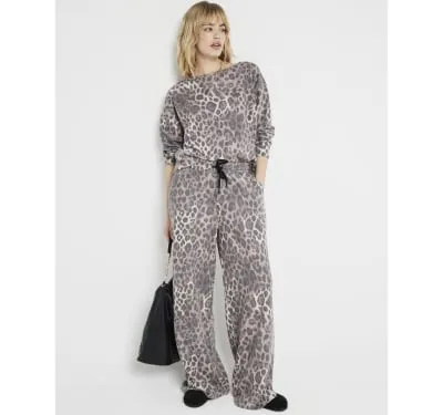 Brown Leopard Print Wide Leg Joggers sold by River Island
