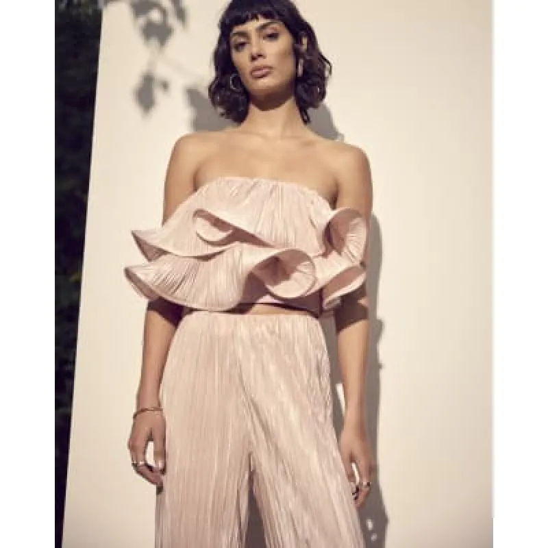 Pink plisse frill bandeau top sold by River Island