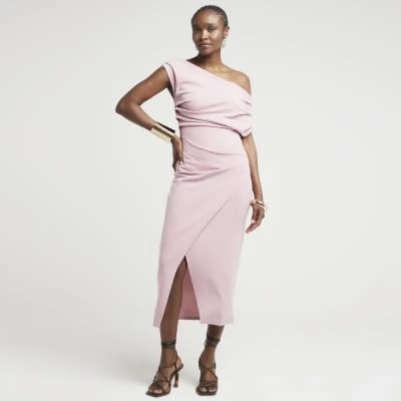 Pink  Drape Off Shoulder Bodycon Midi Dress sold by River Island