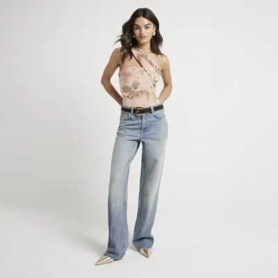 Pink mesh floral asymmetric bodysuit sold by River Island