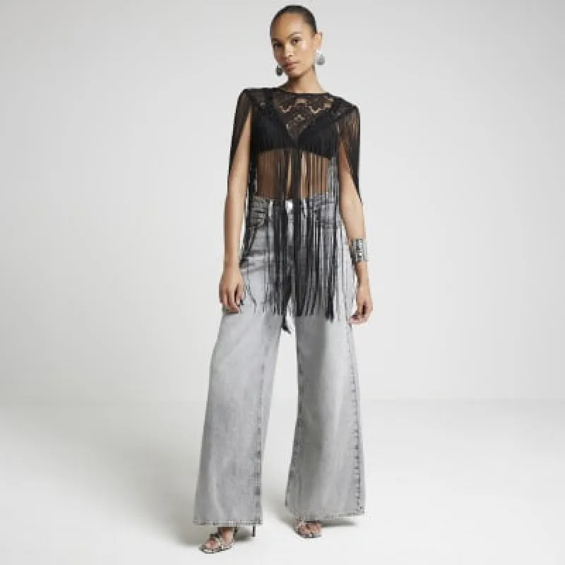 Black Crochet Fringe Cape Top sold by River Island