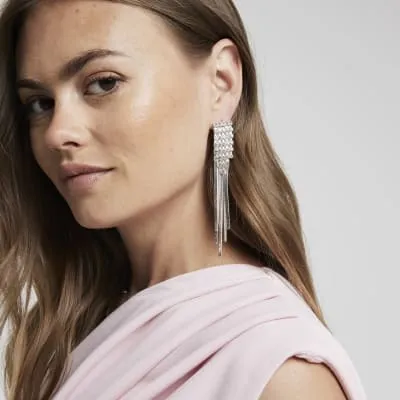 Silver diamante fringe drop earrings sold by River Island